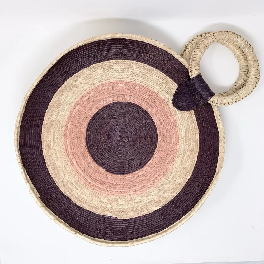 MISA Los Angeles Mykonos Circle Circular Straw Tote Bag Natural Purple Pink